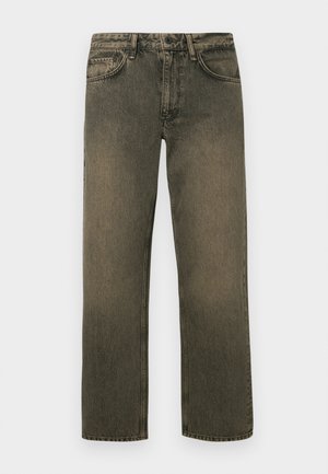 Zeleno-hnědé volné džíny s rovnými nohavicemi, vybavené pěti kapsami, zapínáním na knoflík a zip, a s vybledlým povrchem.