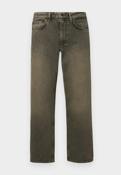 Greenish-brown relaxed-fit jeans with a straight leg, featuring five pockets, a button and zipper closure, and faded texture.