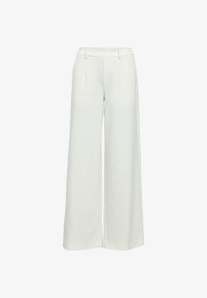 Plačios kojos kelnės šviesiai kreminės spalvos audinyje, turinčios lygų tekstūrą, priekinėmis klostėmis ir elastinga juosmena patogumui.