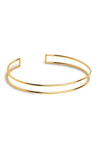 Bracciale rigido in metallo dorato caratterizzato da un design minimalista a due fasce con estremità aperte, finitura liscia e texture lucida.