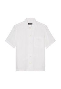 Korte mouwen witte shirt van lichtgewicht stof, met een knoopsluiting aan de voorkant en �één borstzak. Klassieke kraag en zachte textuur.