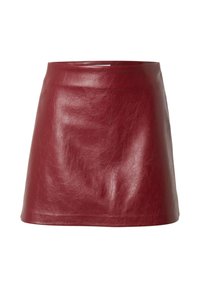 Rotes Leder-Minirock mit einer glatten, leicht glänzenden Textur. Schlichtes A-Linien-Design mit hoher Taille und ohne sichtbare Verschlüsse.