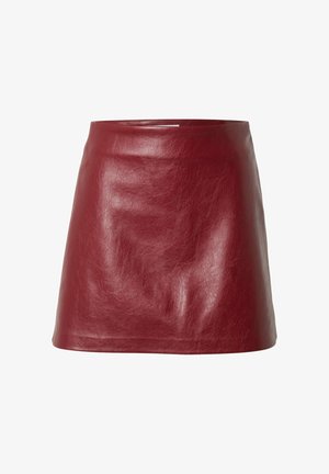 Rotes Leder-Minirock mit einer glatten, leicht glänzenden Textur. Schlichtes A-Linien-Design mit hoher Taille und ohne sichtbare Verschlüsse.
