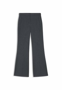 Pantaloni ampi a coste grigi con una vita piatta e due tasche laterali. Presentano un tessuto texturizzato con linee verticali.