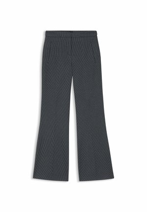 Graue gerippte weit geschnittene Hosen mit flachem Bund und zwei seitlichen Taschen. Sie haben einen strukturierten Stoff mit vertikalen Linien.