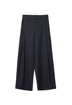 Pantalons large en tissu bleu marine avec des rayures verticales blanches, dotés d'une fermeture à boutons et de poches latérales, texture lisse, design ajusté.