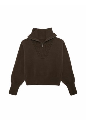 Pull en maille nouée de couleur marron avec un col haut, une fermeture éclair à l'avant et des accents côtelés au niveau de l'encolure et de l'ourlet. Texture douce.