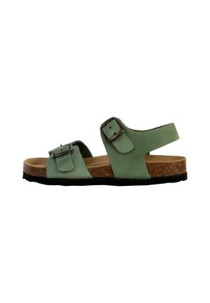 Green leather sandal with dual adjustable straps, cork footbed, and a black rubber sole. Open-back design for breathability.