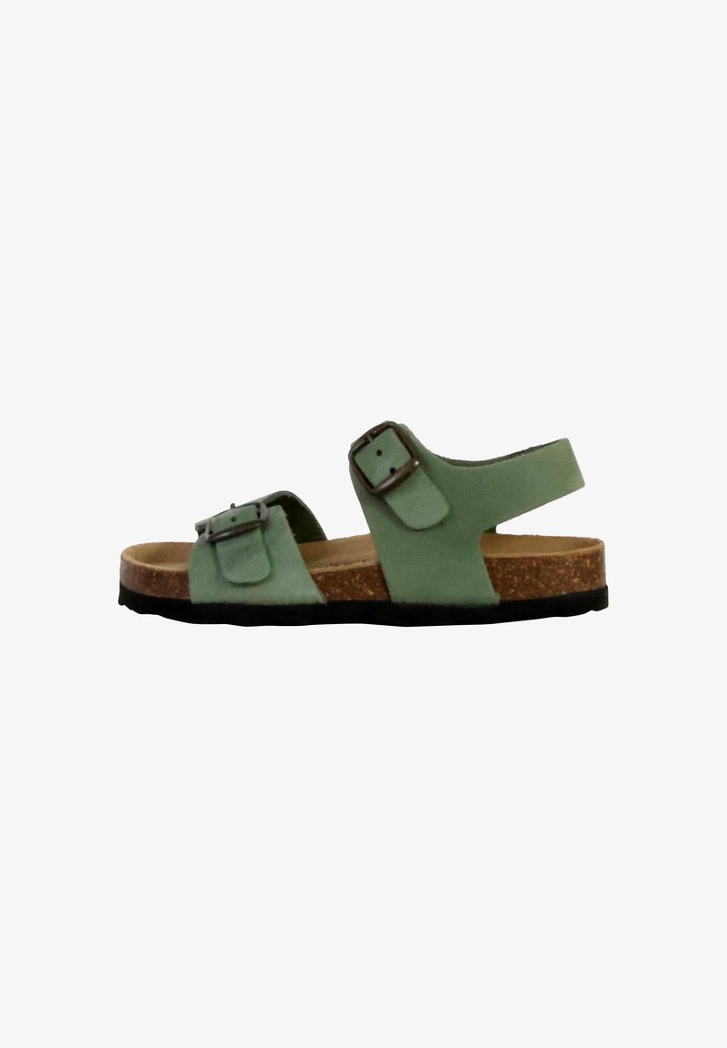 Green leather sandal with dual adjustable straps, cork footbed, and a black rubber sole. Open-back design for breathability.