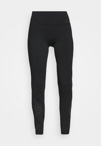 Leggings de sport noirs taille haute avec des panneaux en maille à pois sur le bas des jambes, conçus pour un ajustement snug et flexible.