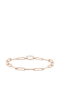 Armbånd i rosaguldmetal med rektangulære led og en central oval lås, med en glat, poleret overflade.