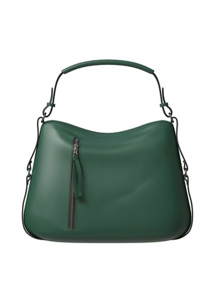 Dark green leather handbag with a single top handle, front vertical zip pocket, and detachable shoulder strap loops on white background.