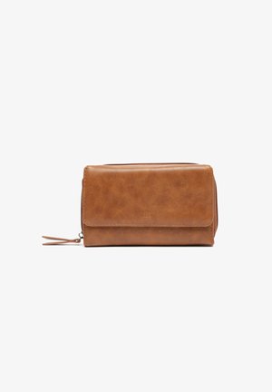 Brown leather wallet with a fold-over flap and zipper closure. Smooth texture, minimalist design, featuring a subtle embossed logo.