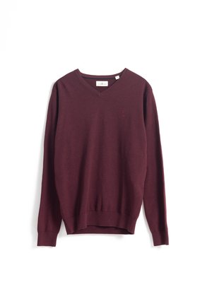 Jersey burdeos de cuello en V hecho de una suave tela de punto, con mangas largas y un dobladillo acanalado, y un pequeño logo en el pecho.