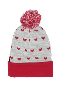 Bonnet tricoté gris avec des motifs de cœurs rouges, surmonté d'un pompon rouge et blanc, et doté d'un revers rouge uni à la base.