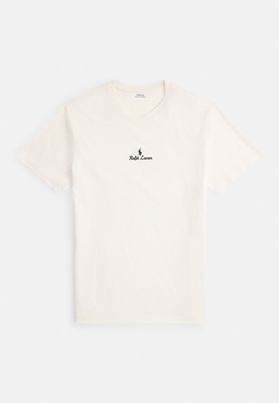 T-shirt de algodão creme com mangas curtas, decote redondo e logótipo preto "Ralph Lauren" com emblema de cavalo no peito.