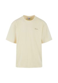 Korte mouwen, ronde hals T-shirt van lichtgele katoen, met een subtiele logo op de linkerborst in een complementaire beige tint.