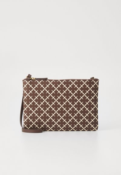 Brown patterned clutch bag featuring a geometric design in light beige, with a zip closure and a brown adjustable strap.