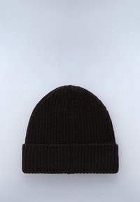 Berretto di lana nera lavorato a maglia con una texture a coste e un risvolto, caratterizzato da una parte superiore arrotondata e una vestibilità aderente.