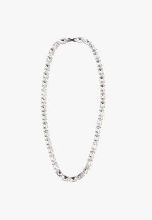 Sølv rhinestones halskæde med rektangulære og runde sten, forbundet af metal, med en glat tekstur og poleret finish.