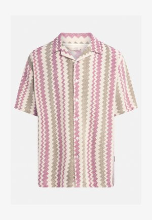 Short-sleeve shirt in cream, featuring zigzag patterns in pink and olive green. Lightweight fabric with a button closure and a classic collar.