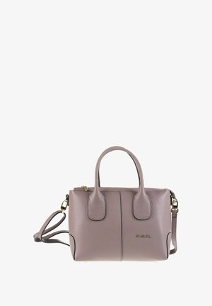 Leren handtas in zacht mauve met twee bovenhandvatten, een verstelbare schouderriem en een gestructureerd ontwerp. Bevat subtiele hardware in goudkleur.