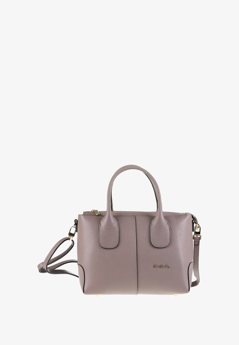 Leren handtas in zacht mauve met twee bovenhandvatten, een verstelbare schouderriem en een gestructureerd ontwerp. Bevat subtiele hardware in goudkleur.