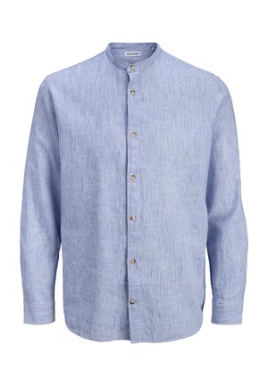 Light blue and white vertically striped long-sleeve shirt with a mandarin collar and brown buttons down the front.