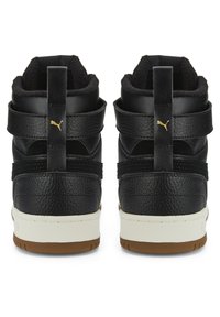 Black high-top sneakers with textured leather, featuring two strap accents and a gold logo. White midsole with a gum rubber outsole.