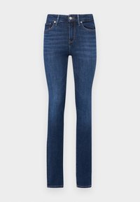Jeans de pierna recta de color azul oscuro, hechos de denim. Presentan un cierre de botón, cinco bolsillos y acentos de costura sutiles. Textura suave.
