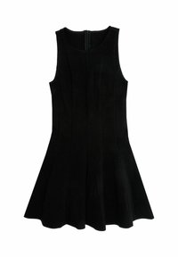 Schwarzes ärmelloses Kleid mit einem schwingenden Rock, das über ein tailliertes Oberteil und eine glatte Textur verfügt. Mit einem Reißverschlussverschluss auf der Rückseite.