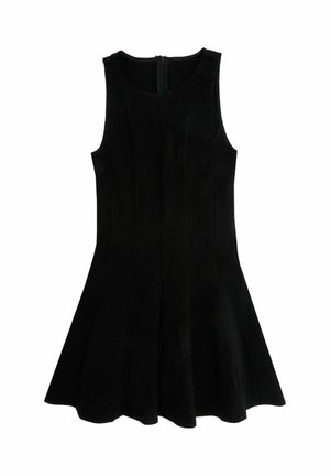 Schwarzes ärmelloses Kleid mit einem schwingenden Rock, das über ein tailliertes Oberteil und eine glatte Textur verfügt. Mit einem Reißverschlussverschluss auf der Rückseite.