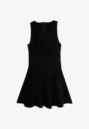 Zwarte mouwloze jurk met een uitlopende rok, voorzien van een aansluitende bodice en gladde textuur. Inclusief een ritssluiting aan de achterkant.