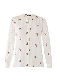 Witte blouse met lange mouwen, voorzien van kleine oranje en donkerpaarse bloemenprints, knoopsluiting aan de voorkant en een ronde hals zonder kraag.