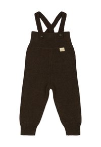 Braune Strickhose mit verstellbaren Kreuzträgern, geripptem Bund und Bündchen. Mit Knopf-Akzenten und einem kleinen Etikett an der Vorderseite.
