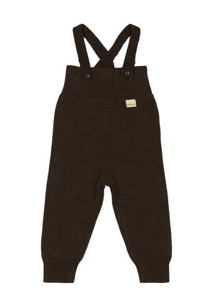 Braune Strickhose mit verstellbaren Kreuzträgern, geripptem Bund und Bündchen. Mit Knopf-Akzenten und einem kleinen Etikett an der Vorderseite.