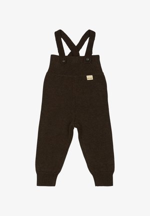 Braune Strickhose mit verstellbaren Kreuzträgern, geripptem Bund und Bündchen. Mit Knopf-Akzenten und einem kleinen Etikett an der Vorderseite.