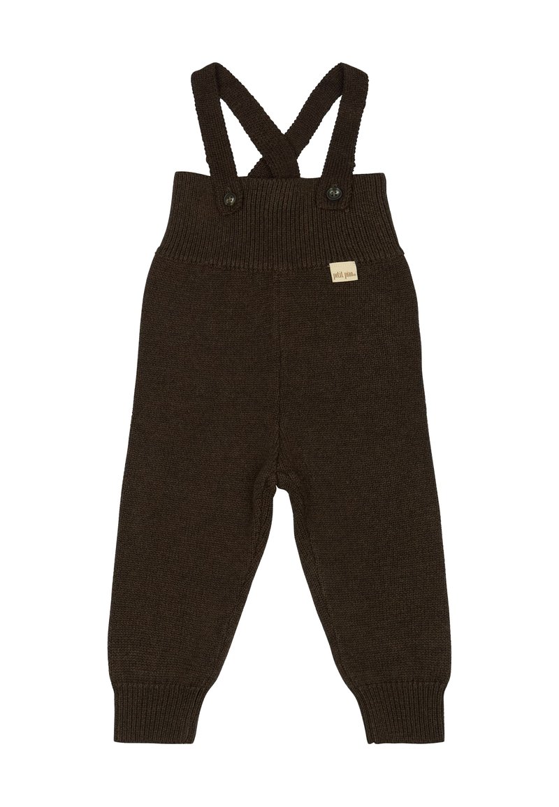 Braune Strickhose mit verstellbaren Kreuzträgern, geripptem Bund und Bündchen. Mit Knopf-Akzenten und einem kleinen Etikett an der Vorderseite.