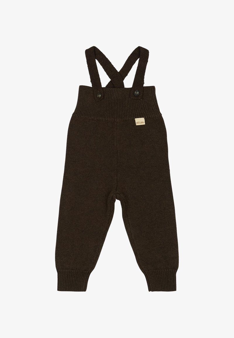 Bruine gebreide broek met verstelbare kruisbanden, geribde tailleband en boorden. Kenmerkt knoopaccenten en een klein label aan de voorkant.