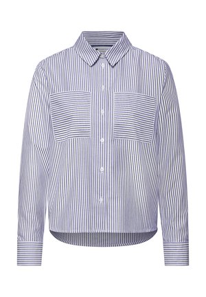 Chemise à manches longues à rayures verticales bleues et blanches, avec col et deux poches poitrine à rayures horizontales.