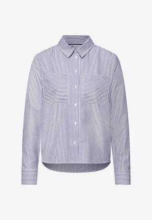 Blau-weiß gestreiftes, langärmliges Hemd mit Knopfleiste, Kragen und zwei horizontal gestreiften Brusttaschen.