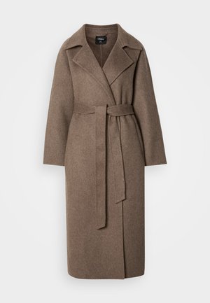 Long brown wool coat with wide lapels and a matching belt tied at the waist, displayed on a plain light background.