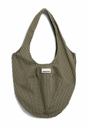 Braun-hellblauer, kariert wiederverwendbarer Stoff-Einkaufsbeutel mit breiten Griffen und einem "ARMEDANGELS"-Etikett auf der Vorderseite.