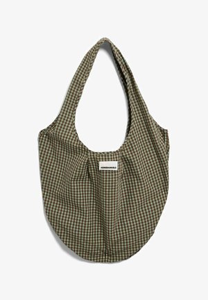 Bruin en lichtblauw geruit herbruikbare stoffen boodschappentas met brede handvatten en een "ARMEDANGELS" label aan de voorkant.