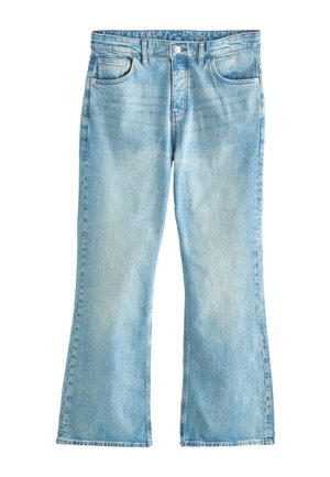 Hellblaue Jeans aus Denim mit hoher Taille, Knopfverschluss, vorderen Taschen und leicht ausgestellten Beinenden.