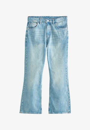 Hellblaue Jeans aus Denim mit hoher Taille, Knopfverschluss, vorderen Taschen und leicht ausgestellten Beinenden.