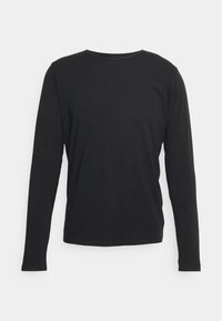 Langärmliges schwarzes Shirt aus glattem Stoff, mit Rundhalsausschnitt und einem schlichten, unverschönerten Design. Keine sichtbaren Logos oder Muster.