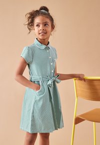 Groene en witte geruite jurk met korte mouwen, knoopsluiting aan de voorkant, kraag, tailleband met strik en zakken, gecombineerd met een houten stoel en een beige achtergrond.