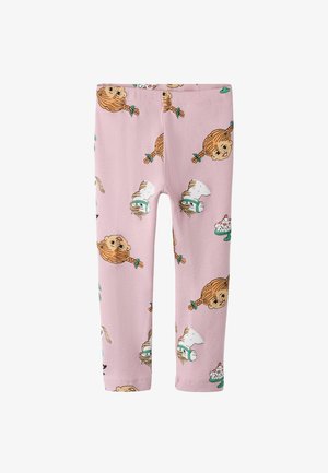 Pink ribbed leggings featuring a playful pattern of cartoon faces and cake illustrations, with a soft texture and elastic waistband.