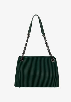 Zöld, plisszírozott kézitáska texturált anyagból, láncos pánttal és ezüst színű részletekkel. Téglalap alakú, cipzáros záródással.